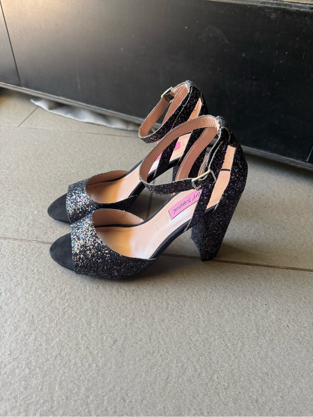 Betsey Johnson Black Glitter Ankle Strap Block Heels Women’s Size 8.5